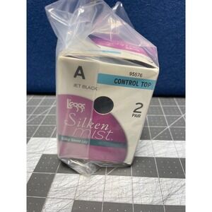 Leggs Silken Mist Control Top Pantyhose 2 Pair Jet Black Size A Sheer Toe 95576